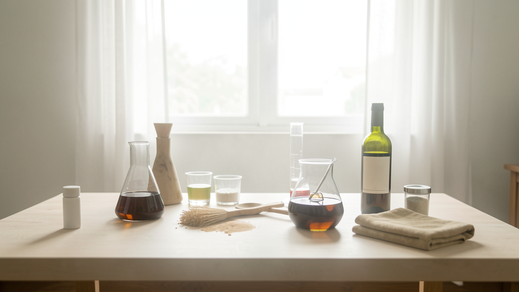 Imagem editorial ilustrando "Pensei que tinha estragado o sofá de suede, mas o vinagre me salvou": como lidei com uma mancha de vinho